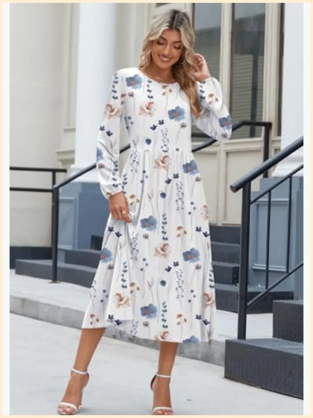 Long Sleeve Flowy A-Line Midi Dress with Pockets - Picture 3 of 7
